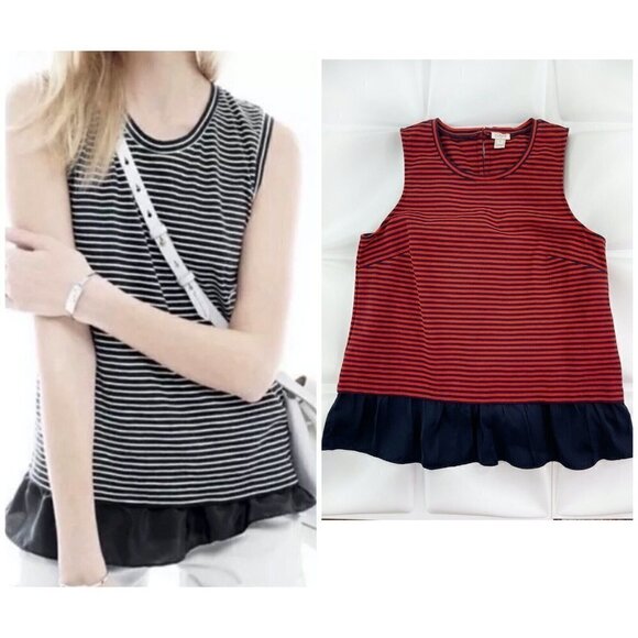 J Crew Sz M Nautical Striped Ruffle Hem Peplum Knit Tank Top Blouse Red Navy - Picture 7 of 8